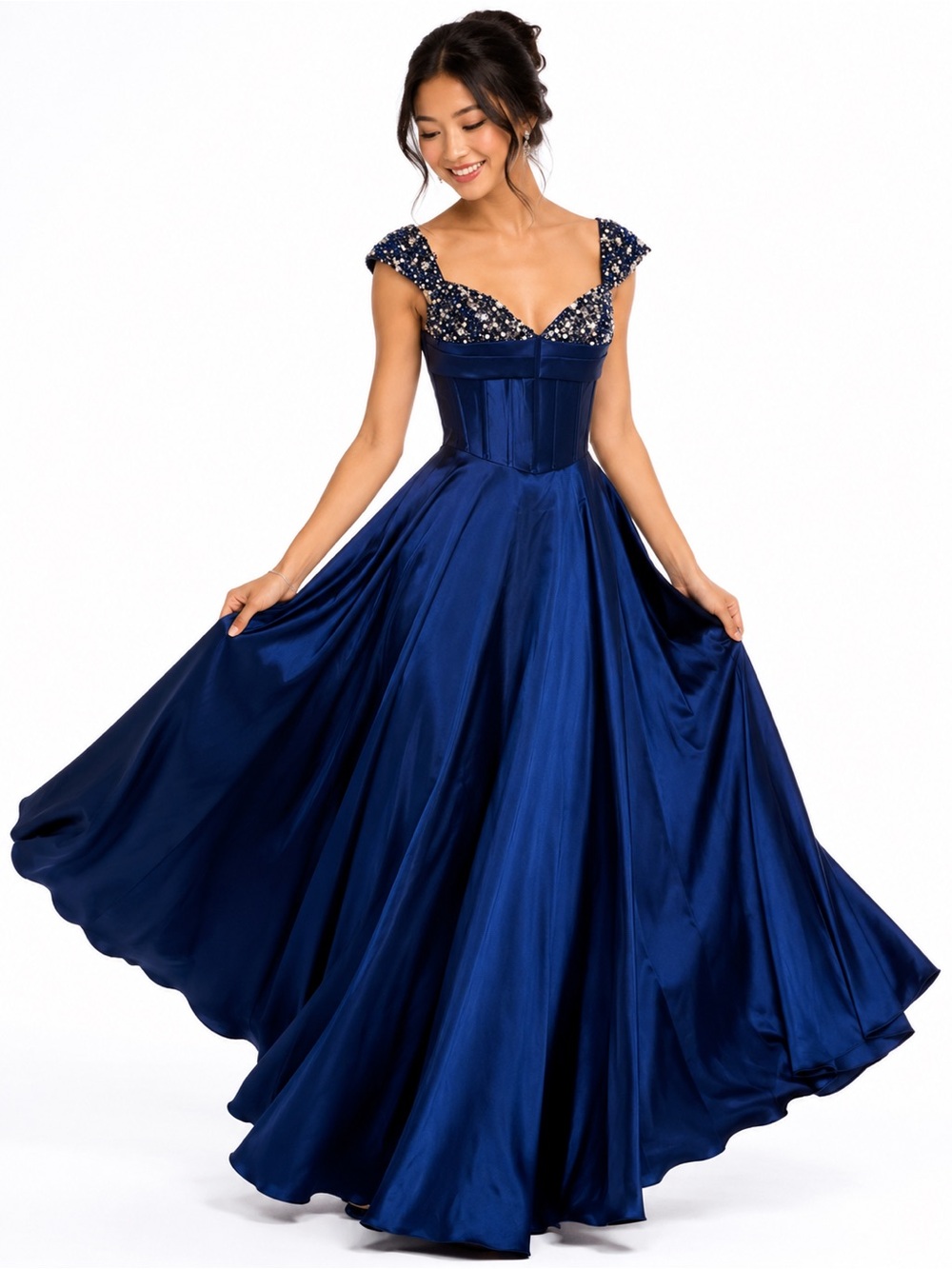 NWT Sophia Thomas $498 MSRP Navy Beaded Off Shoulder Satin Ballgown Size 4